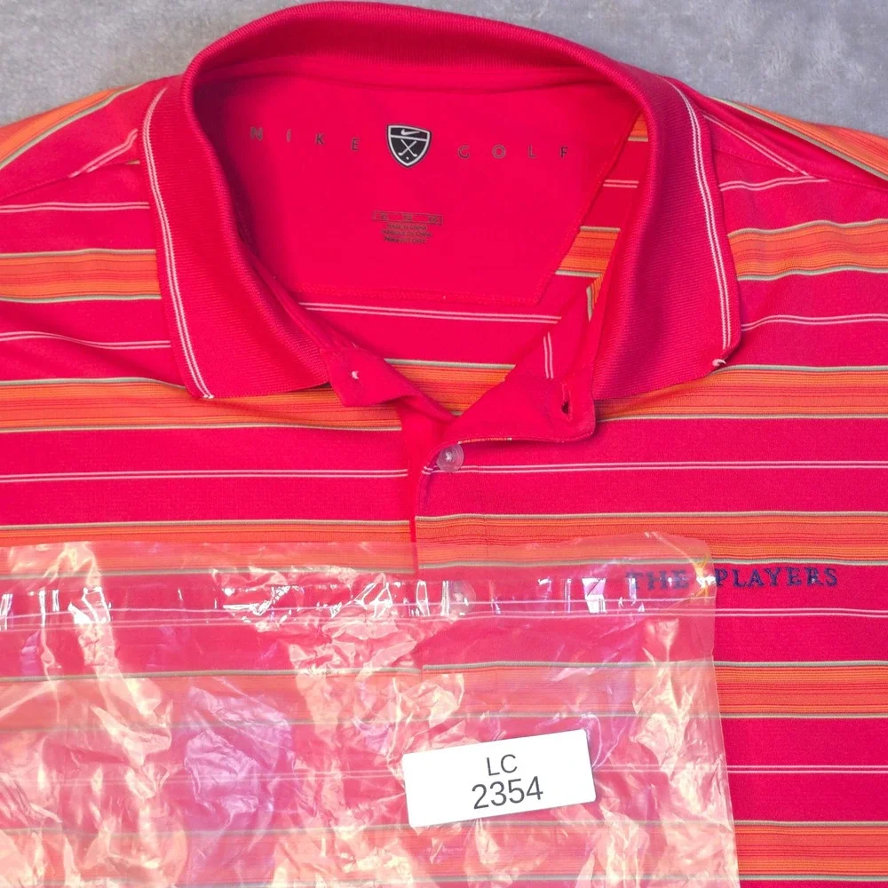 Nike Golf Polo Shirt Men' XL Red Orange Striped The Players Championship Fit Dry